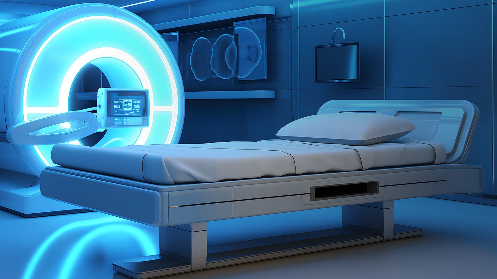 Medical imaging scanner with a patient table in a blue-lit examination room