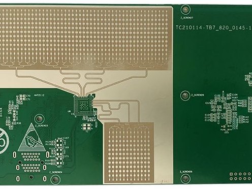 Printed circuit board with dense fine-pitch BGA pad arrays on a white background